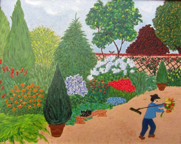 Un jardinier naît sous les pinceaux. Première huile sur papier de Martine CLOUET 21 x 29 - 1996